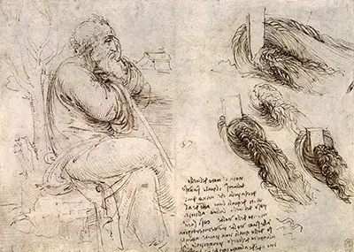 Ein sitzender Mann und Studien und Notizen zur Bewegung des Wassers Leonardo da Vinci